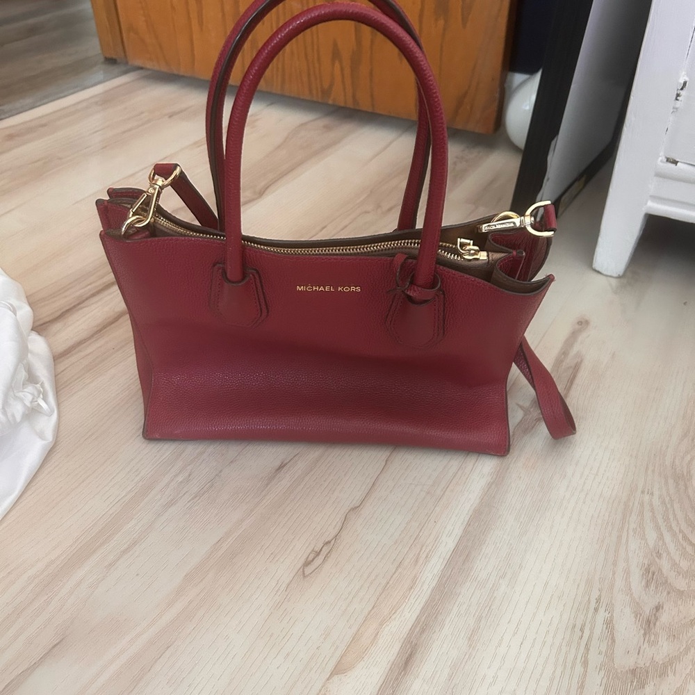 Michael Kors Burgundy Pebbled Leather Satchel with Gold Hardware
